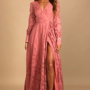 Lulus Kept Your Love Rose Pink Floral Jacquard Long Sleeve Maxi Dress NWT